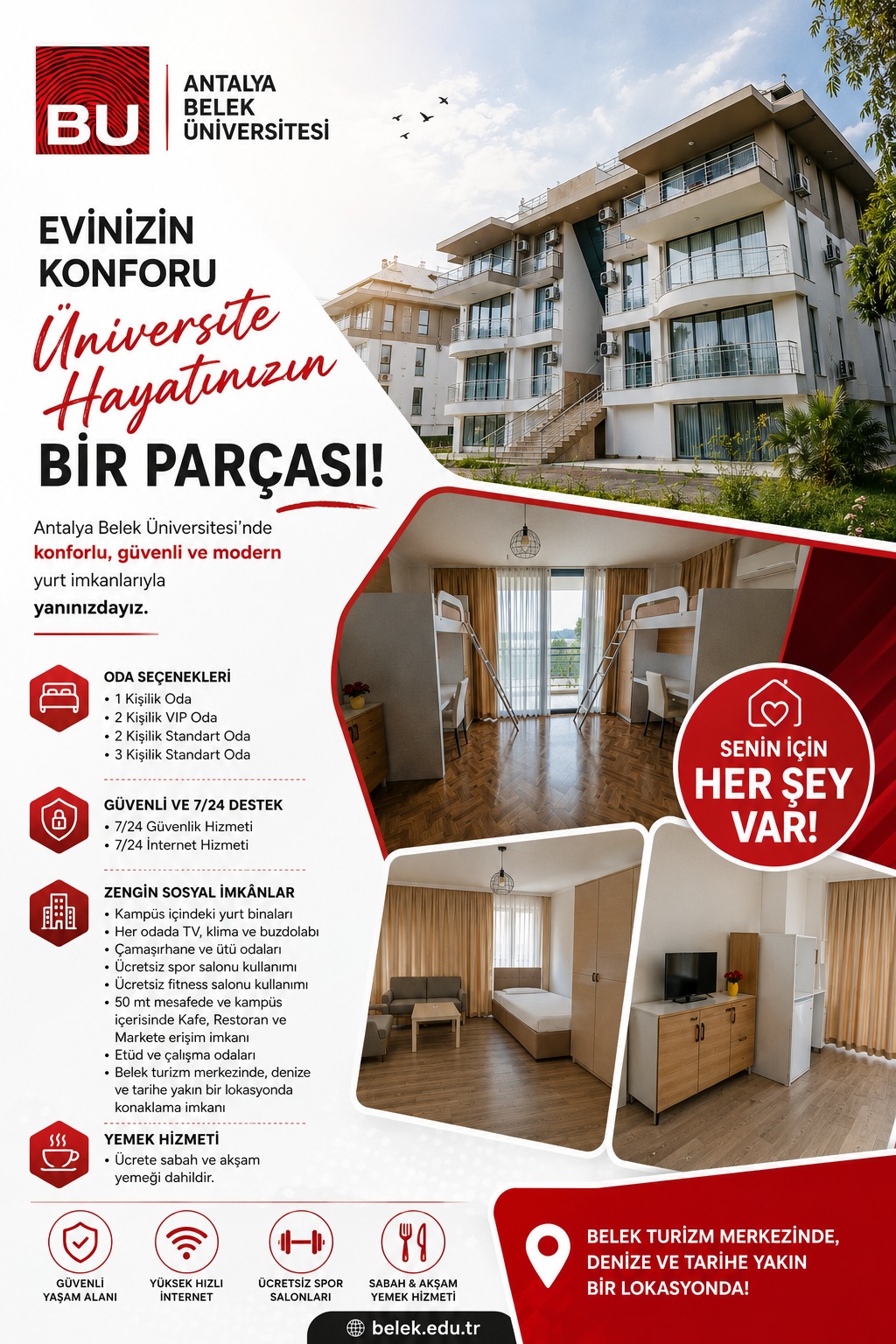 Antalya Belek Üniversitesi yurt tanıtım afişi: oda seçenekleri, 7/24 güvenlik, sosyal imkânlar ve yemek hizmeti